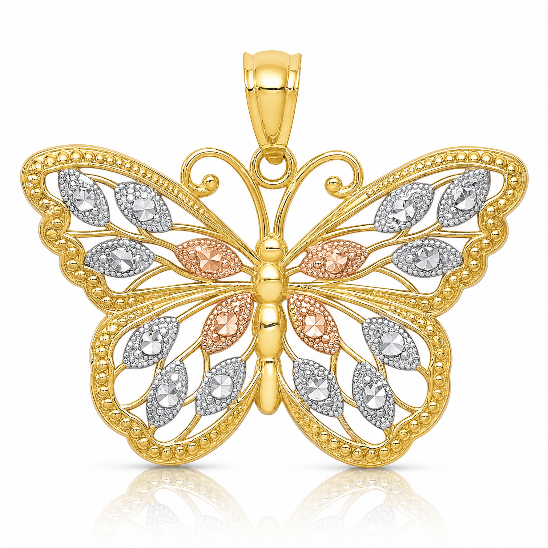 14k w/White and Rose Rhodium Diamond-cut Butterfly Pendant - Lifestyle View