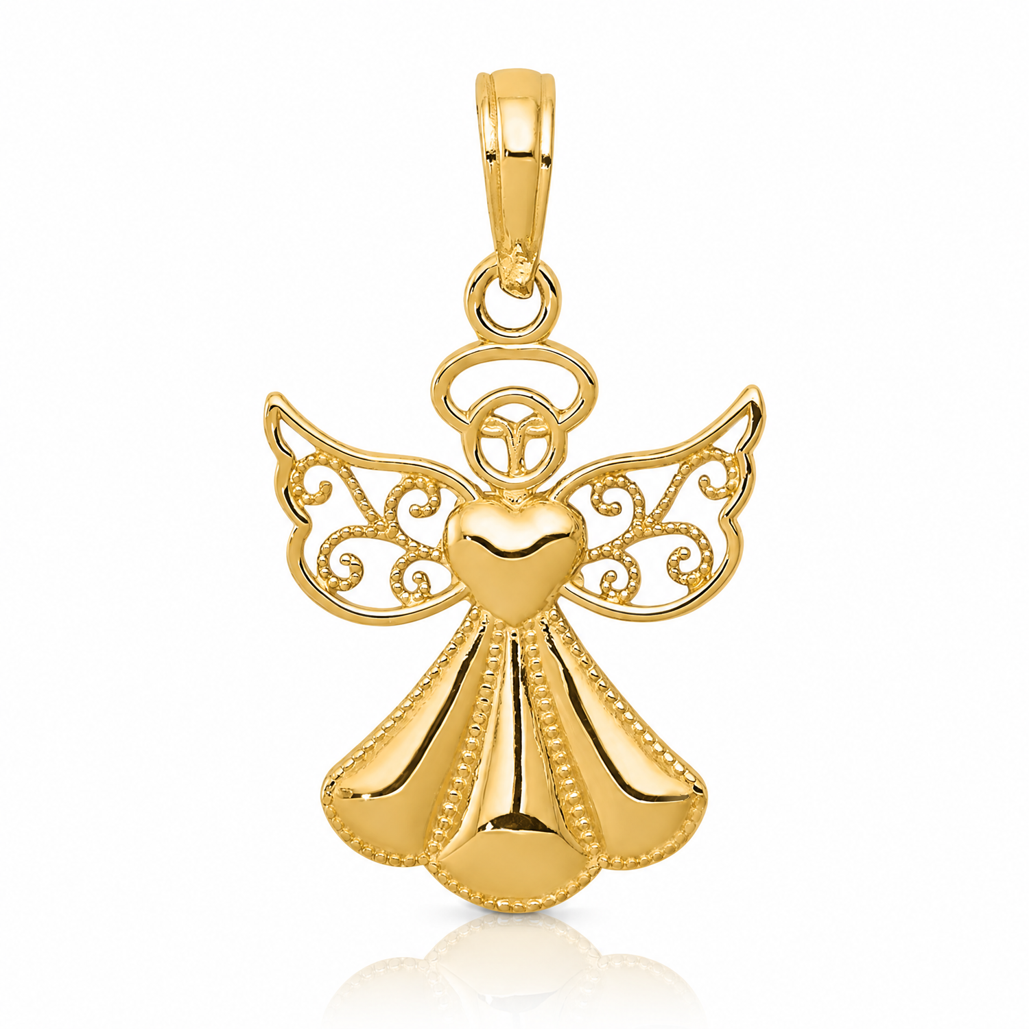 14K Polished/Textured Guardian Angel W/Heart Pendant - Lifestyle View