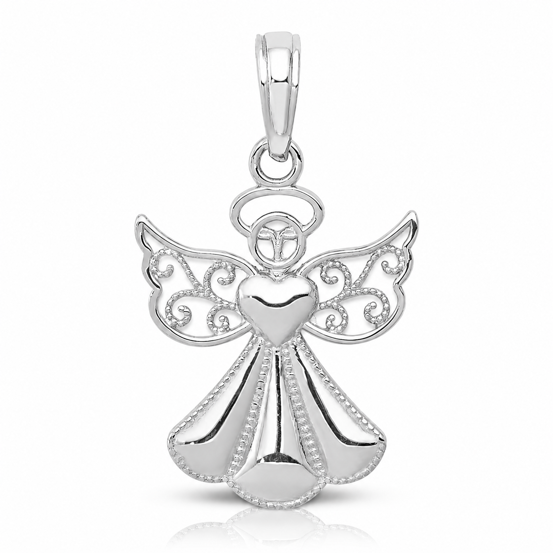 14K White Gold Polished/Textured Guardian Angel Heart Pendant - Lifestyle View