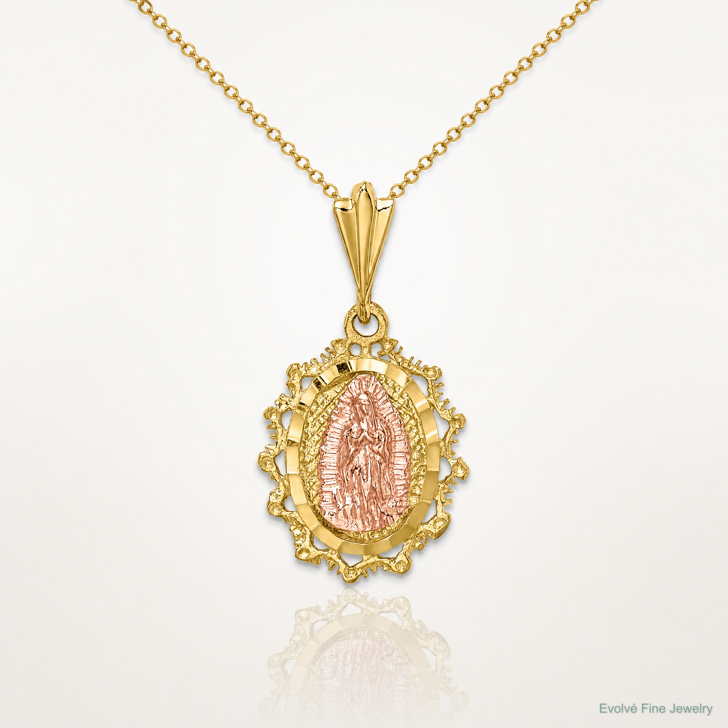 14K Two-tone Polished St. Mary Medal Pendant - Lifestyle View