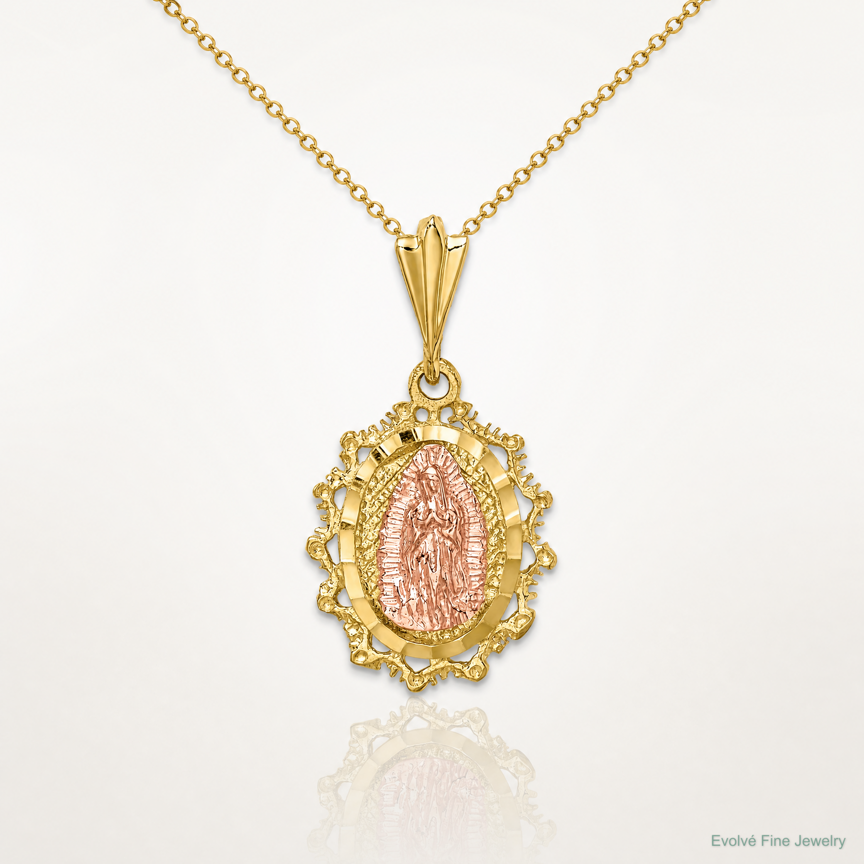 14K Two-tone Polished St. Mary Medal Pendant - Lifestyle View