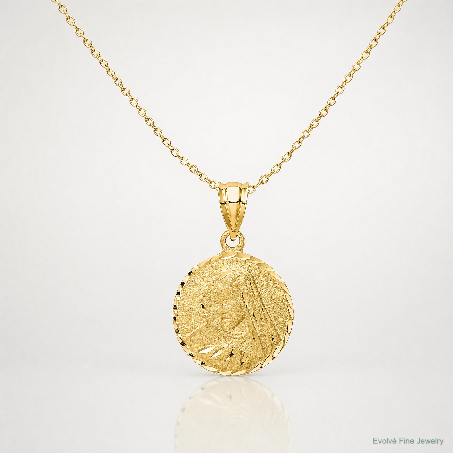 14K Brushed Diamond-Cut Virgin Mary Pendant - Lifestyle View