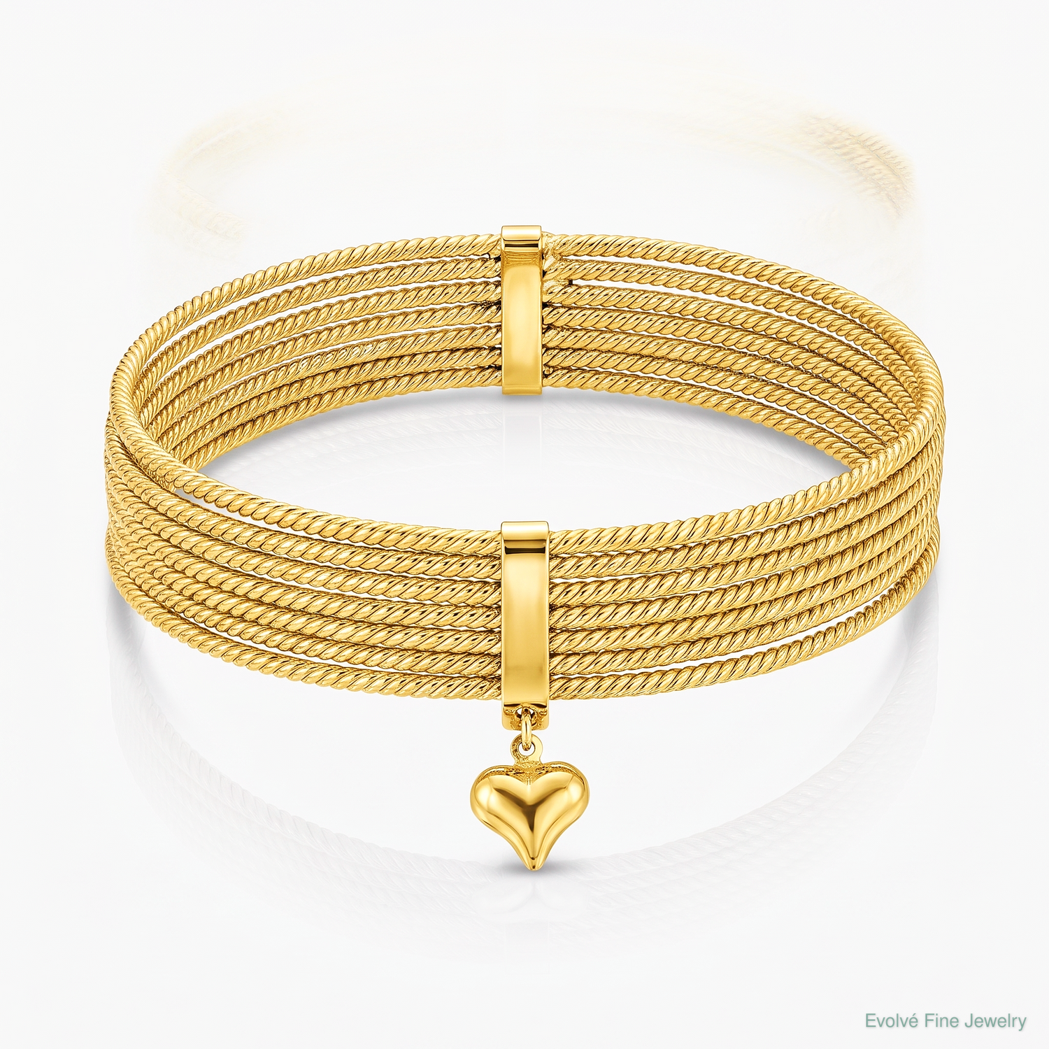 14K w/ Dangle Heart Slip-on Set of 7 Textured Bangles - Lifestyle View