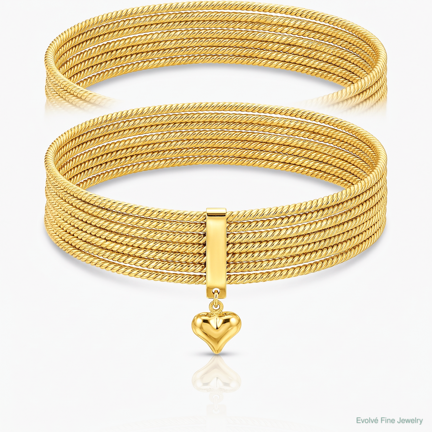 14K w/ Dangle Heart Oversized Slip-on Set of 7 Textured Bangles - Lifestyle View