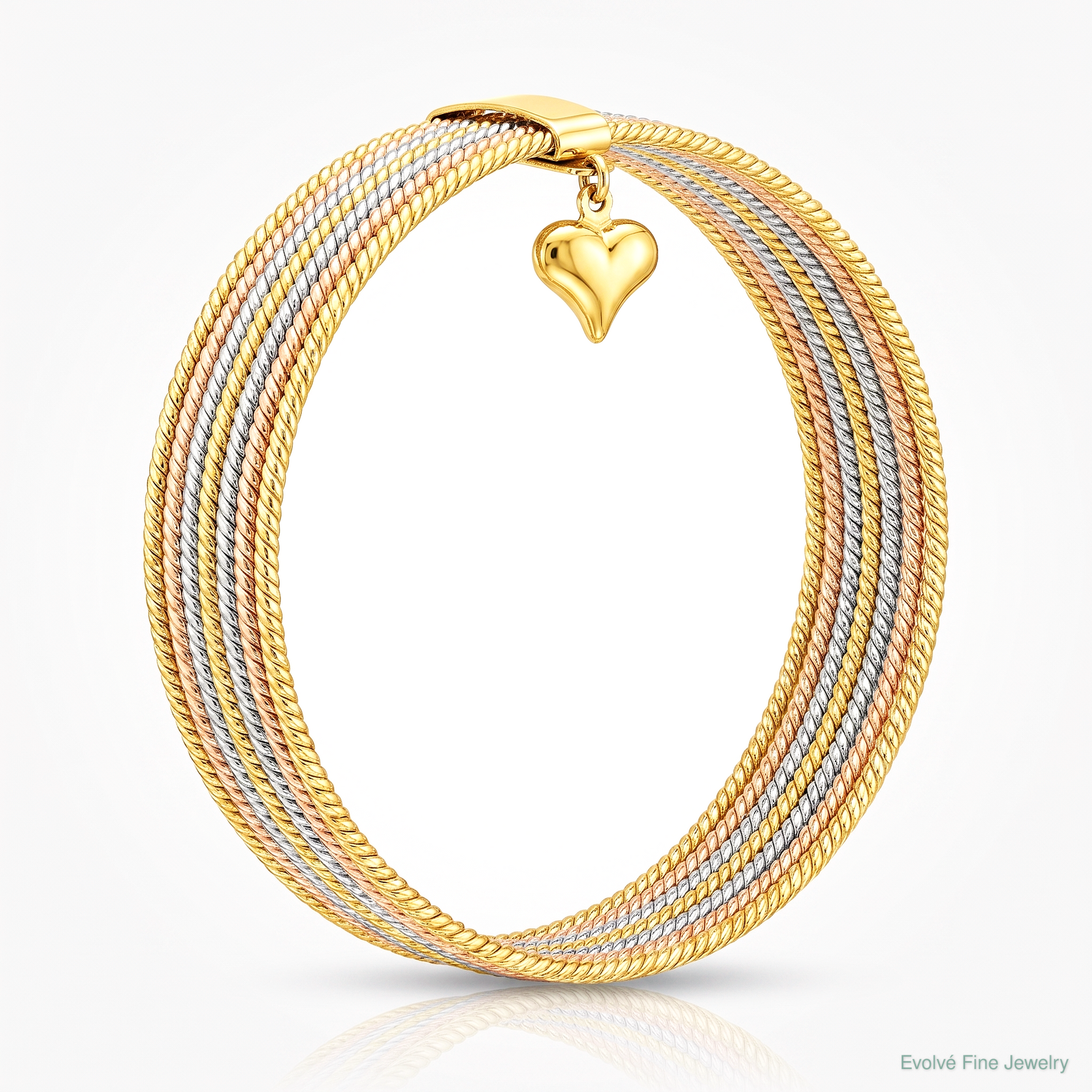 14K w/ Dangle Heart Tri-color Set of 7 Textured Slip-on Bangles - Lifestyle View