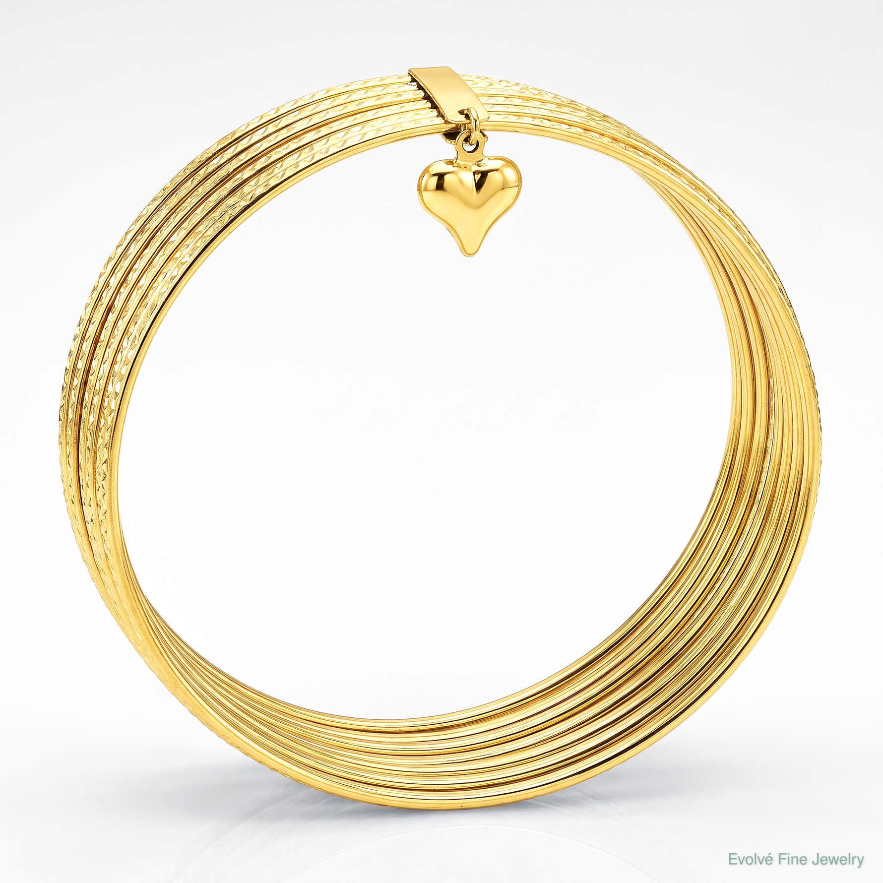 14K Oversized w/ Dangle Heart Set of 7 Slip-on Textured Bangles - Lifestyle View