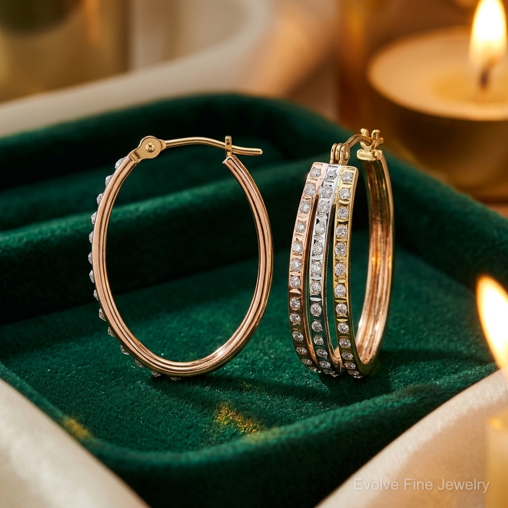 14k Tri-color Diamond Fascination Dia. Dust/Accent Oval 3 Hoop Earrings - Lifestyle View