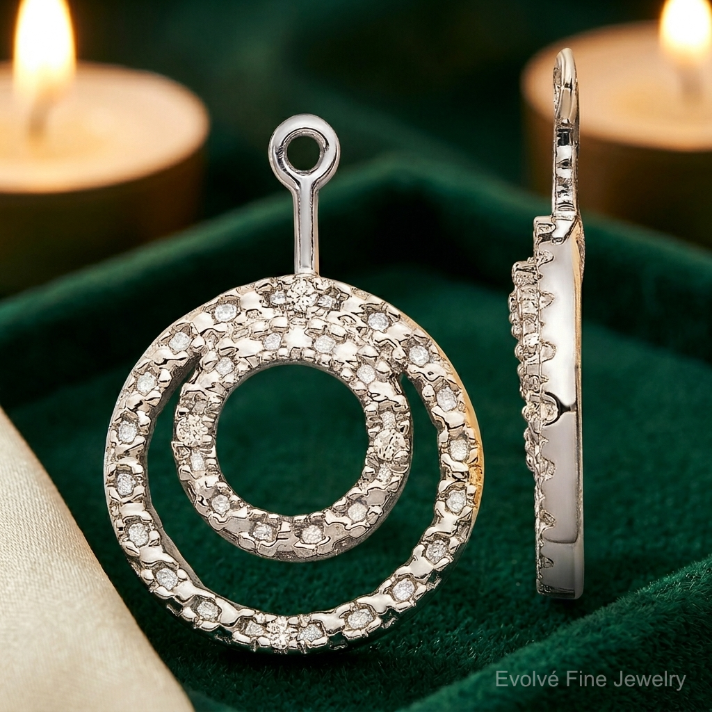 10k White Gold Double Circle Diamond Earring Jackets - Lifestyle View