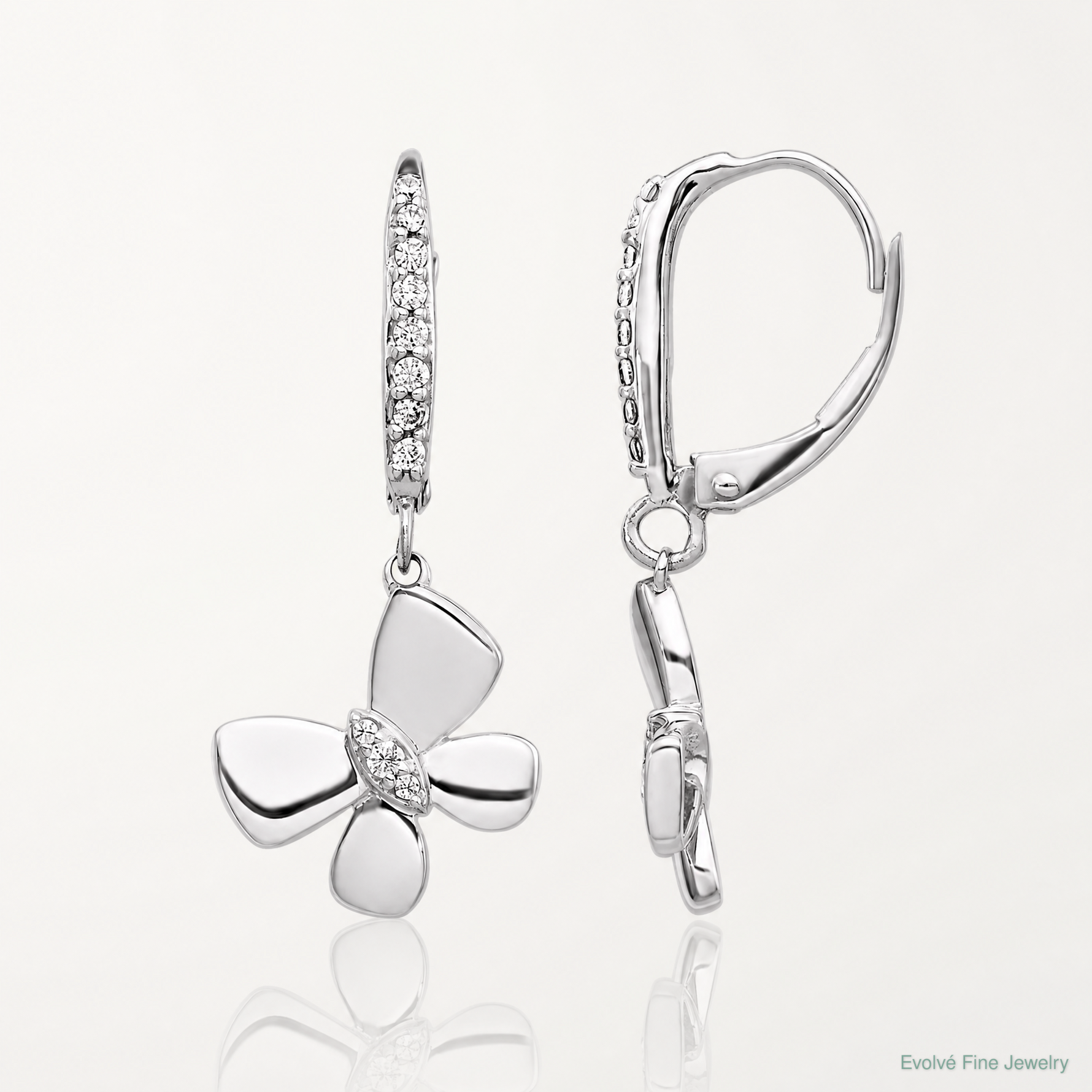 14k White Gold Diamond Butterfly Leverback Earrings - Lifestyle View