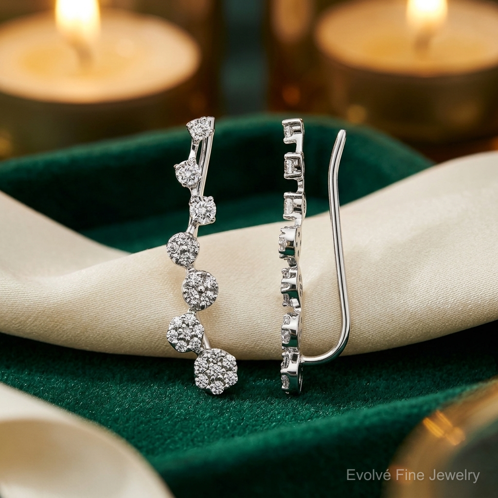 14k White Gold Diamond Ear Climber Earrings - Lifestyle View