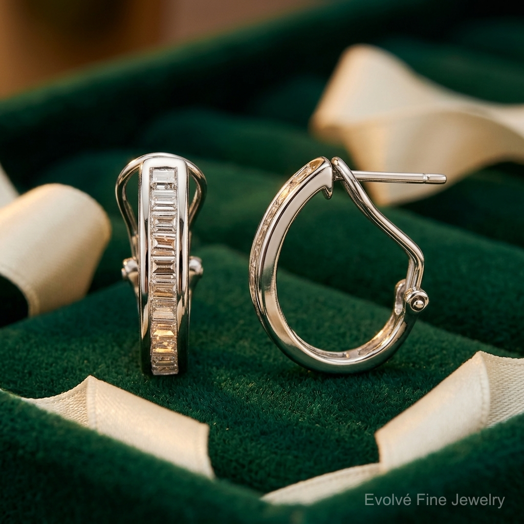 14k White Gold Baguette Diamond Omega Back Hoop Earrings - Lifestyle View