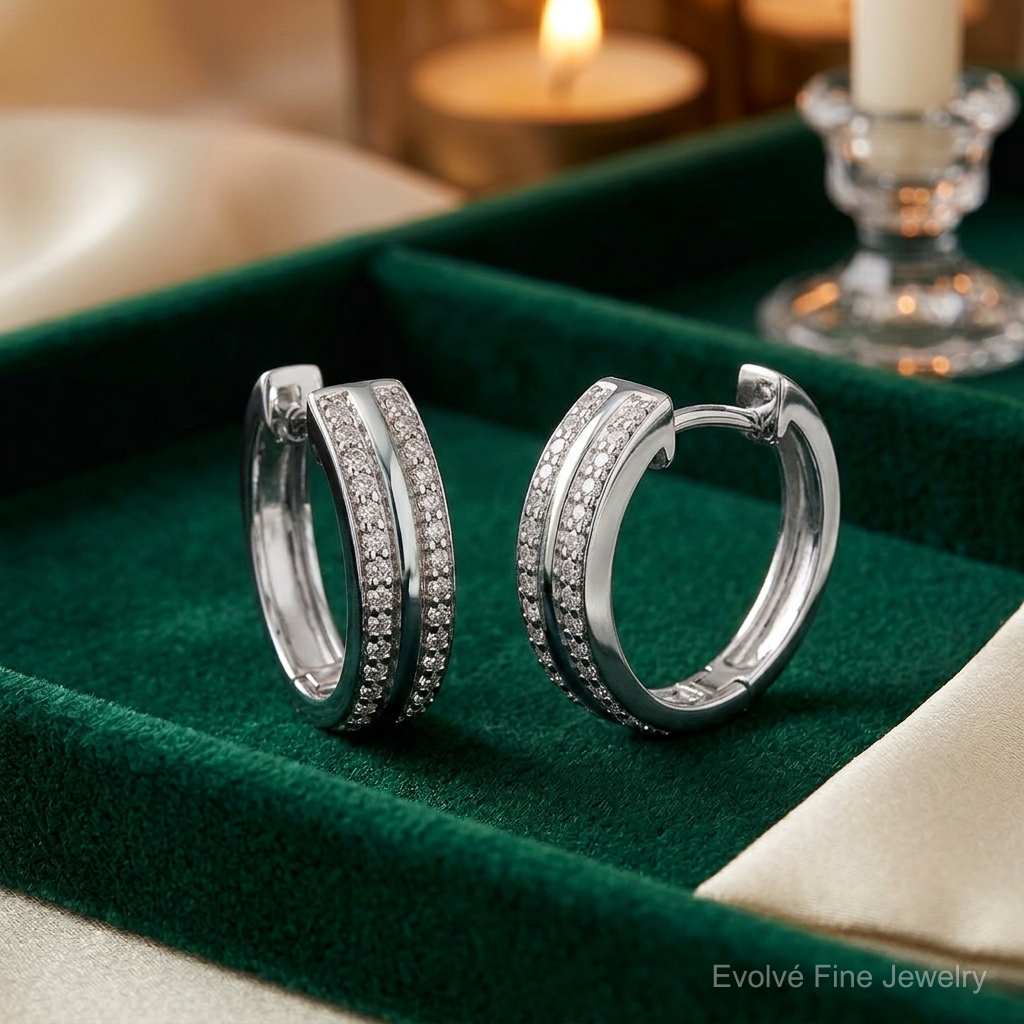 10k White Gold 2-row Diamond Hinged Hoop Earrings - Lifestyle View