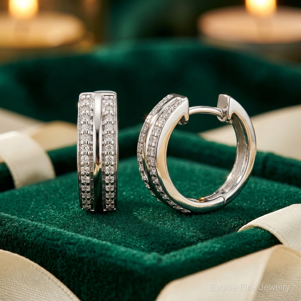 14k White Gold 2-row Diamond Hinged Hoop Earrings - Lifestyle View