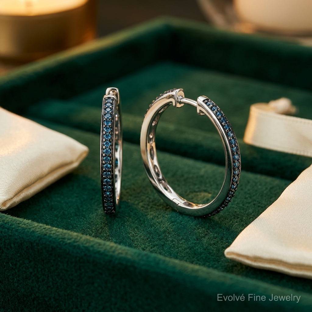 14k White Gold Blue Diamond 2.2mm Hinged Hoops - Lifestyle View