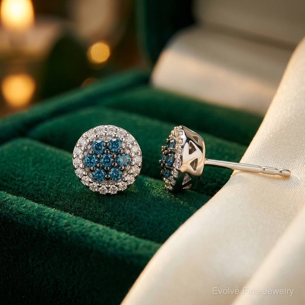 14k White Gold Blue/White Diamond Cluster Post Earrings - Lifestyle View