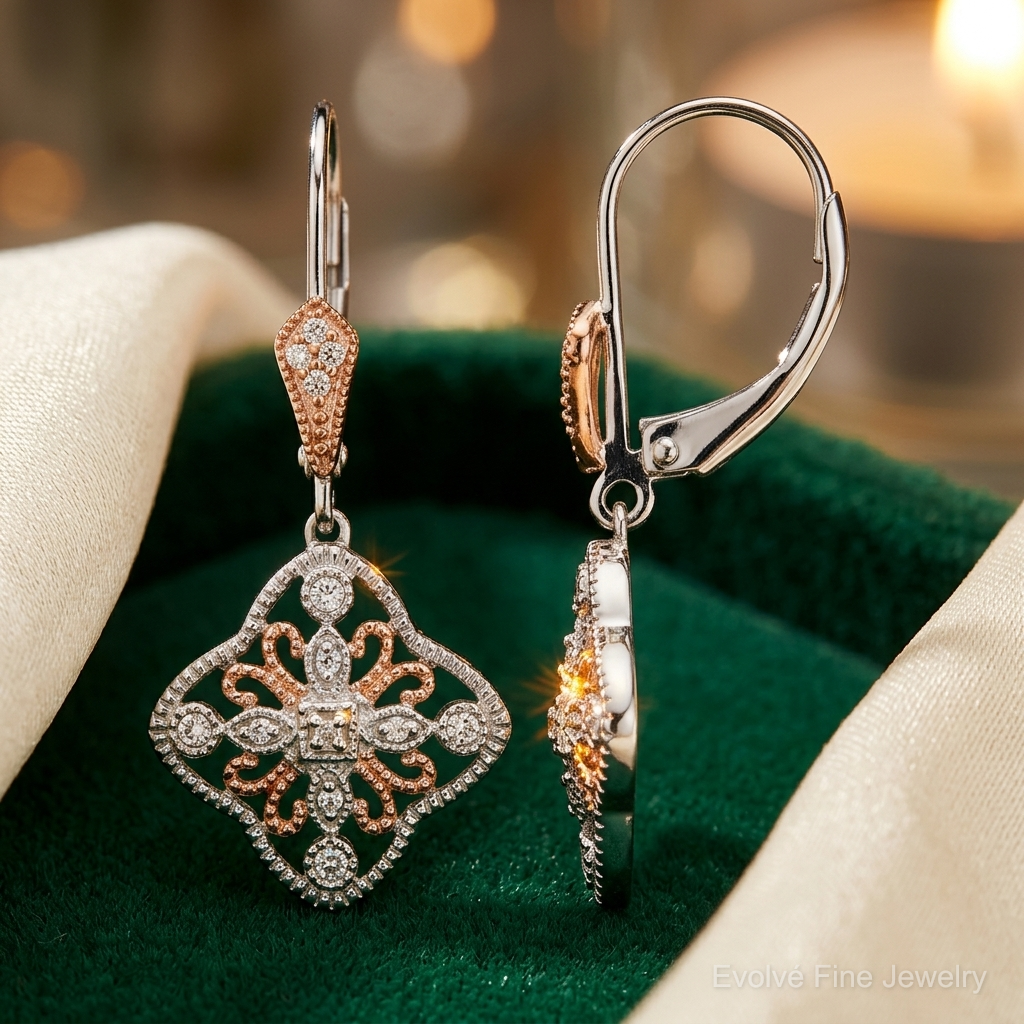 14k White Gold w/Rose Rhodium Diamond Leverback Earrings - Lifestyle View