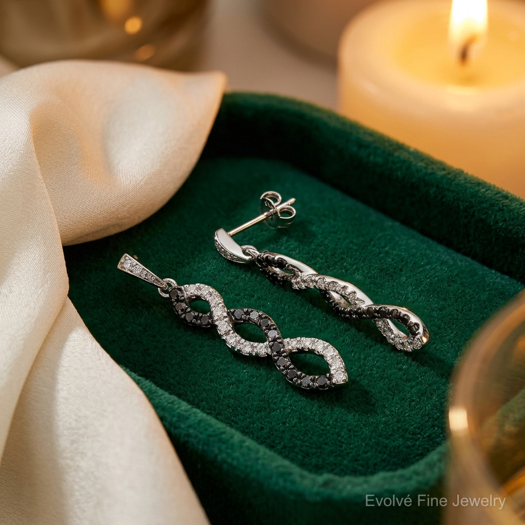 14k White Gold Black and White Diamond Twisted Post Earrings - Lifestyle View