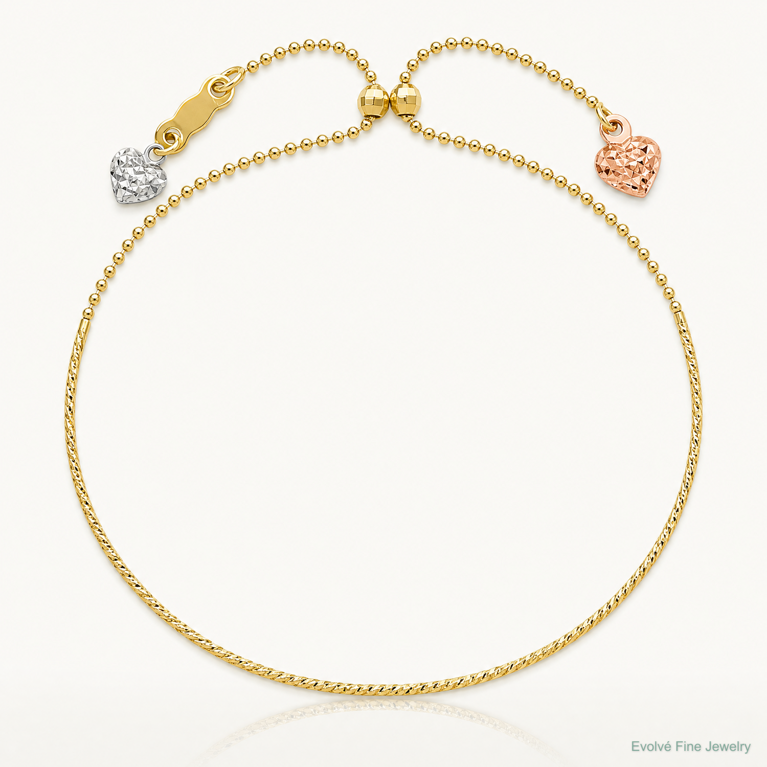 14K Tri-color D/C Heart Adjustable Bracelet - Lifestyle View