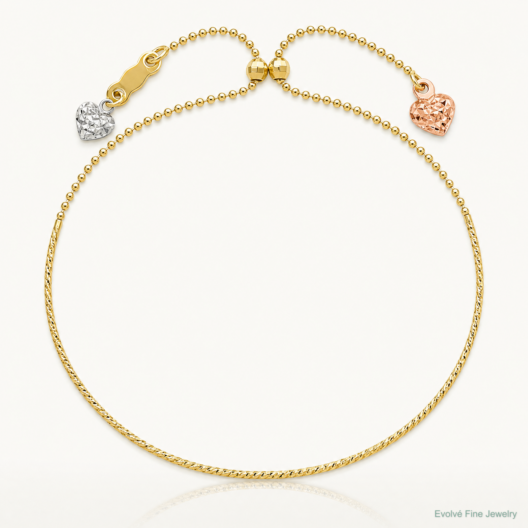 14K Tri-color D/C Heart Adjustable Bracelet - Lifestyle View