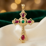 14K Ruby and Emerald Cabochon Cross Pendant - Lifestyle View