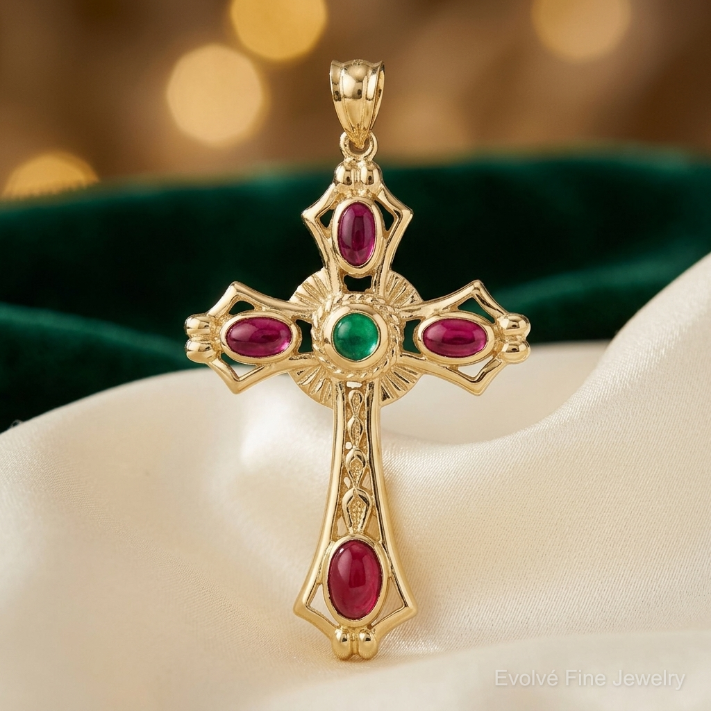 14K Ruby and Emerald Cabochon Cross Pendant - Lifestyle View