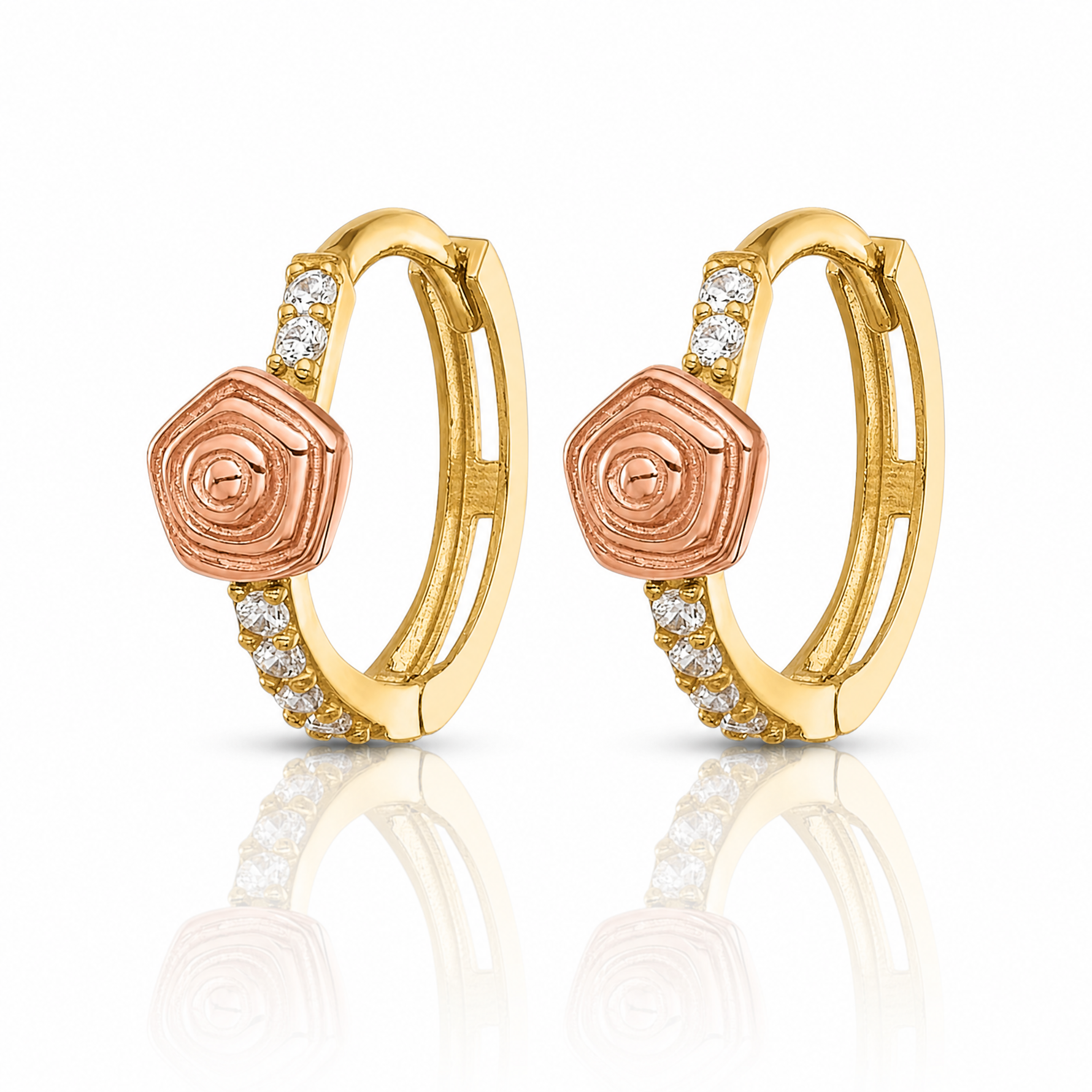 14k Madi K Polished Two-tone CZ Hinged Huggie Hoop Earrings - Lifestyle View