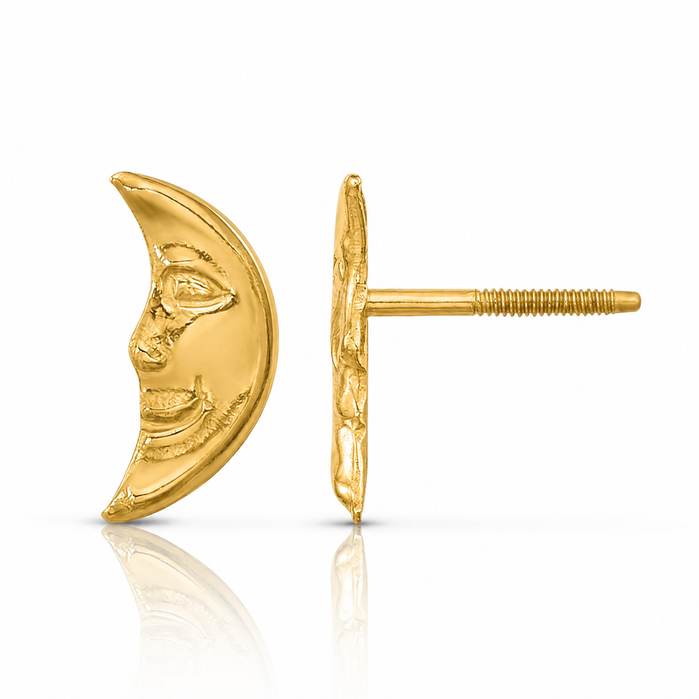 14K Yellow Gold Moon w/ face Post Earrings