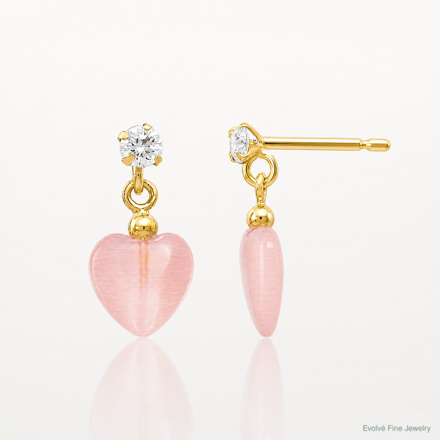 14k Madi K CZ and Pink Cat's Eye Heart Dangle Post Earrings - Lifestyle View