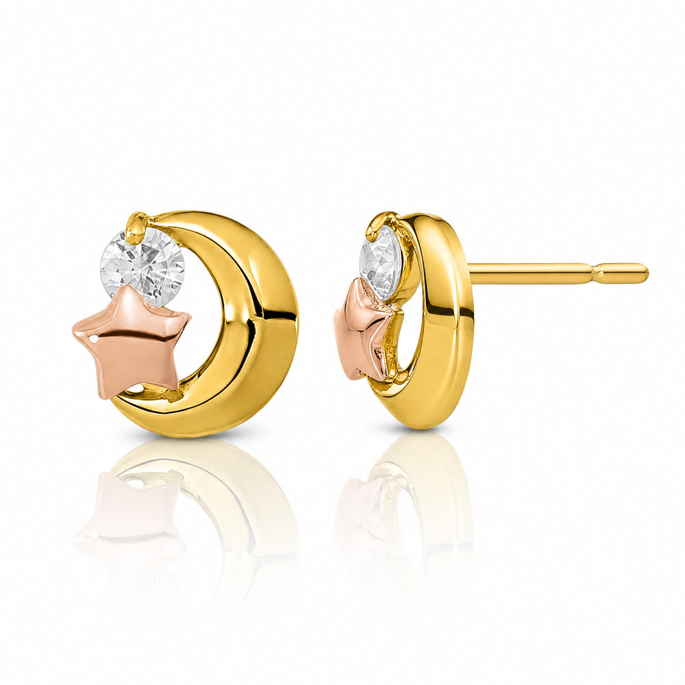14K Two-tone Yellow & Rose Gold CZ Moon and Star Post Earrings