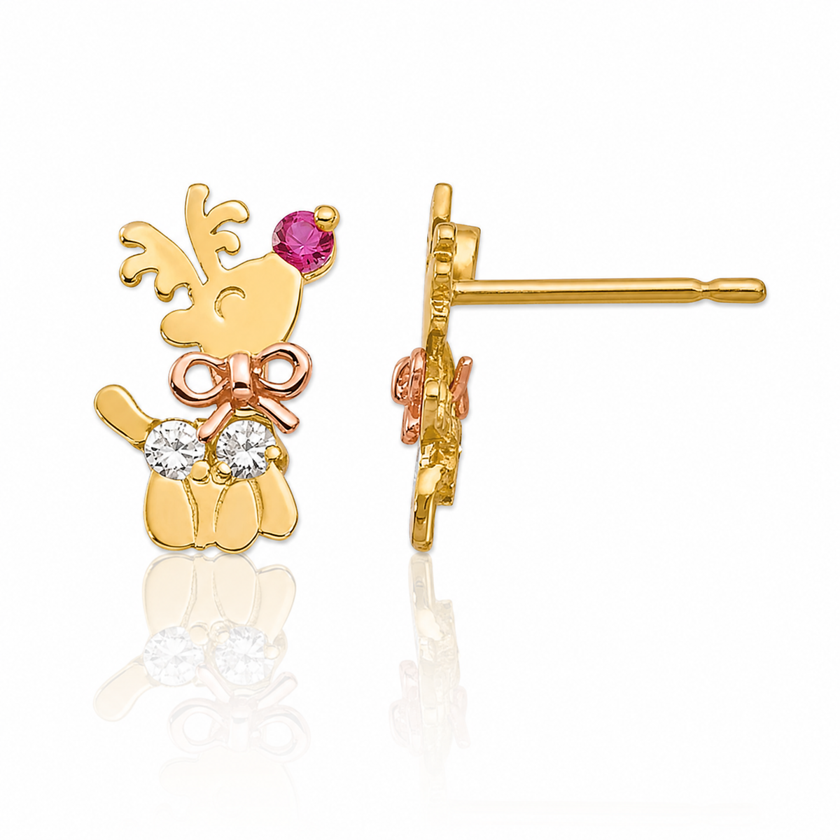 14k Yellow & Rose Gold Madi K CZ Children's Reindeer Post Earrings - Lifestyle View