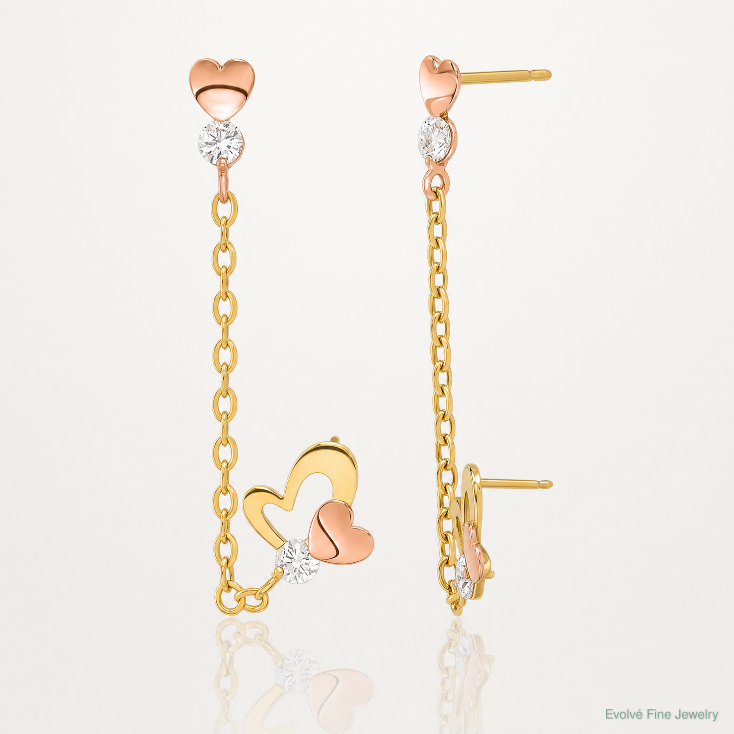 14k Madi K Two-tone CZ Double Post w/Chain Heart Earring - Lifestyle View