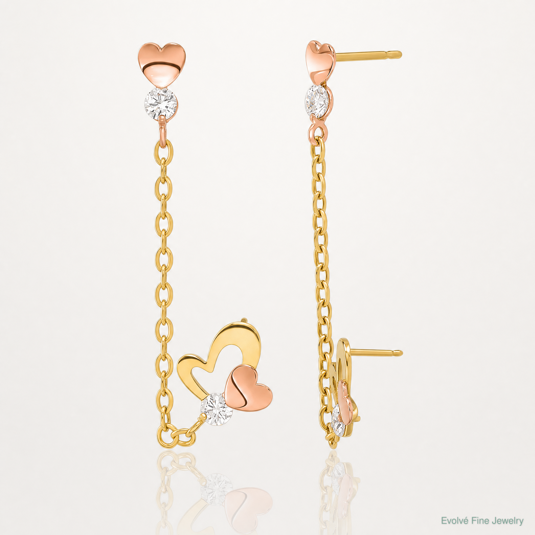14k Madi K Two-tone CZ Double Post w/Chain Heart Earring - Lifestyle View