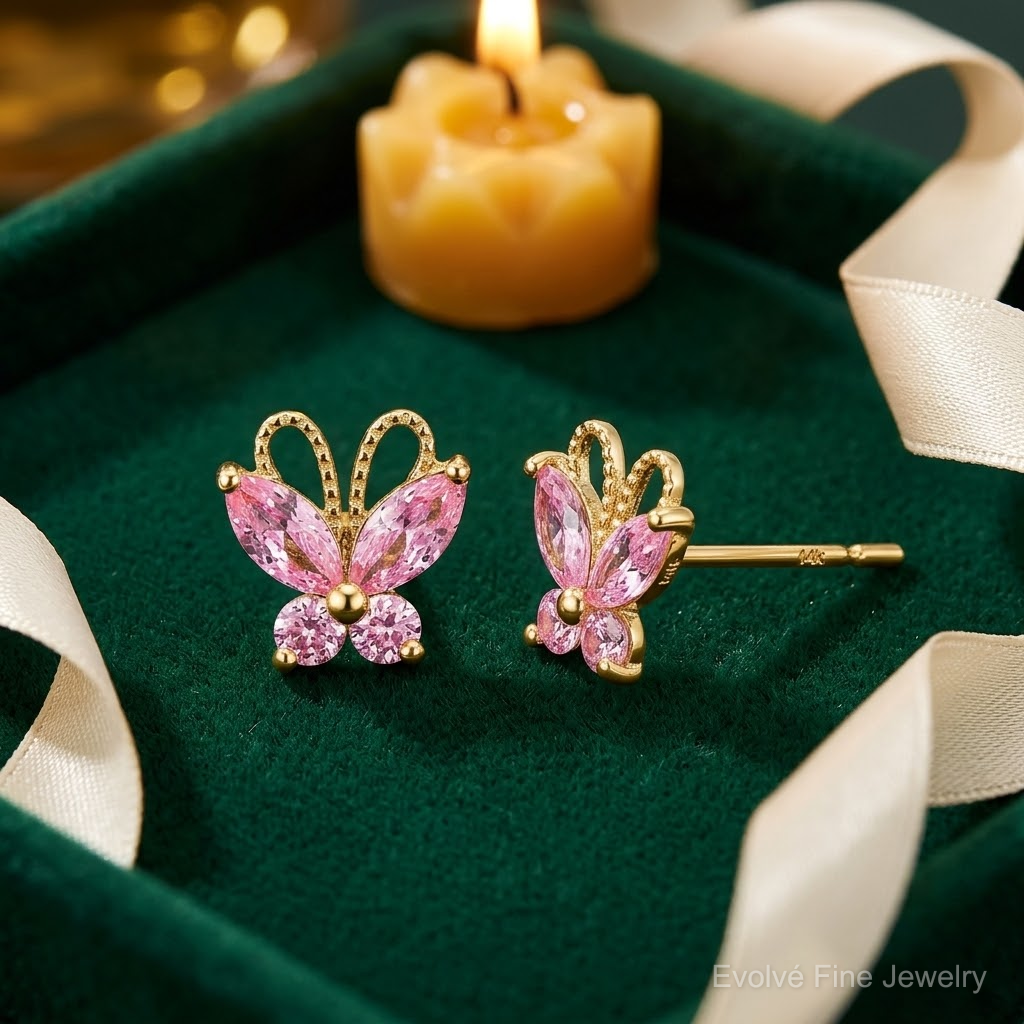 14k Madi K Kids Pink CZ Butterfly Post Earrings - Lifestyle View