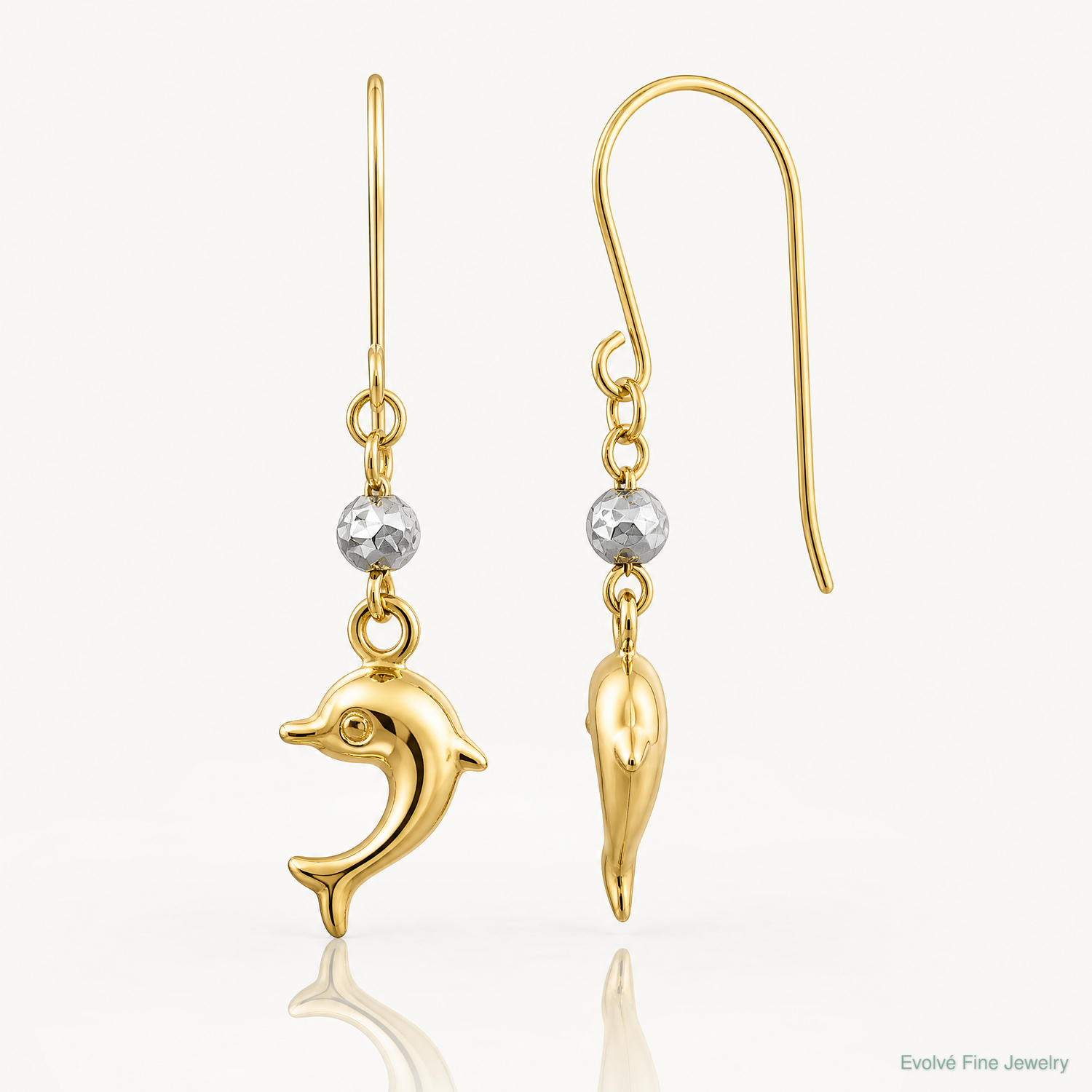 14K Two Toned Puffed Dolphin Shepherd Hook Earrings - Lifestyle View