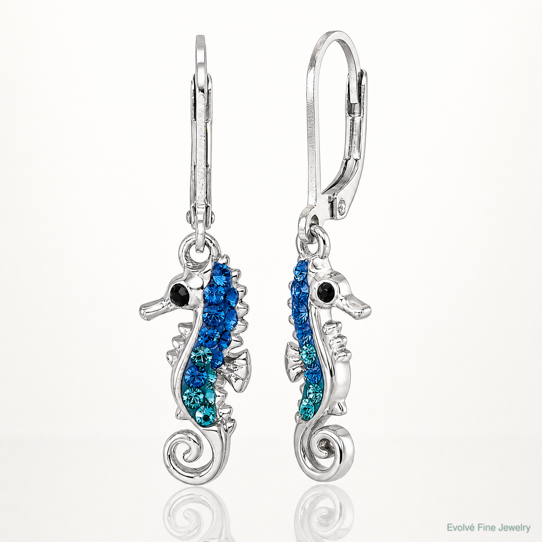 Sterling Silver Rhodium-plated Polished Crystal Seahorse Dangle Earrings - Lifestyle View