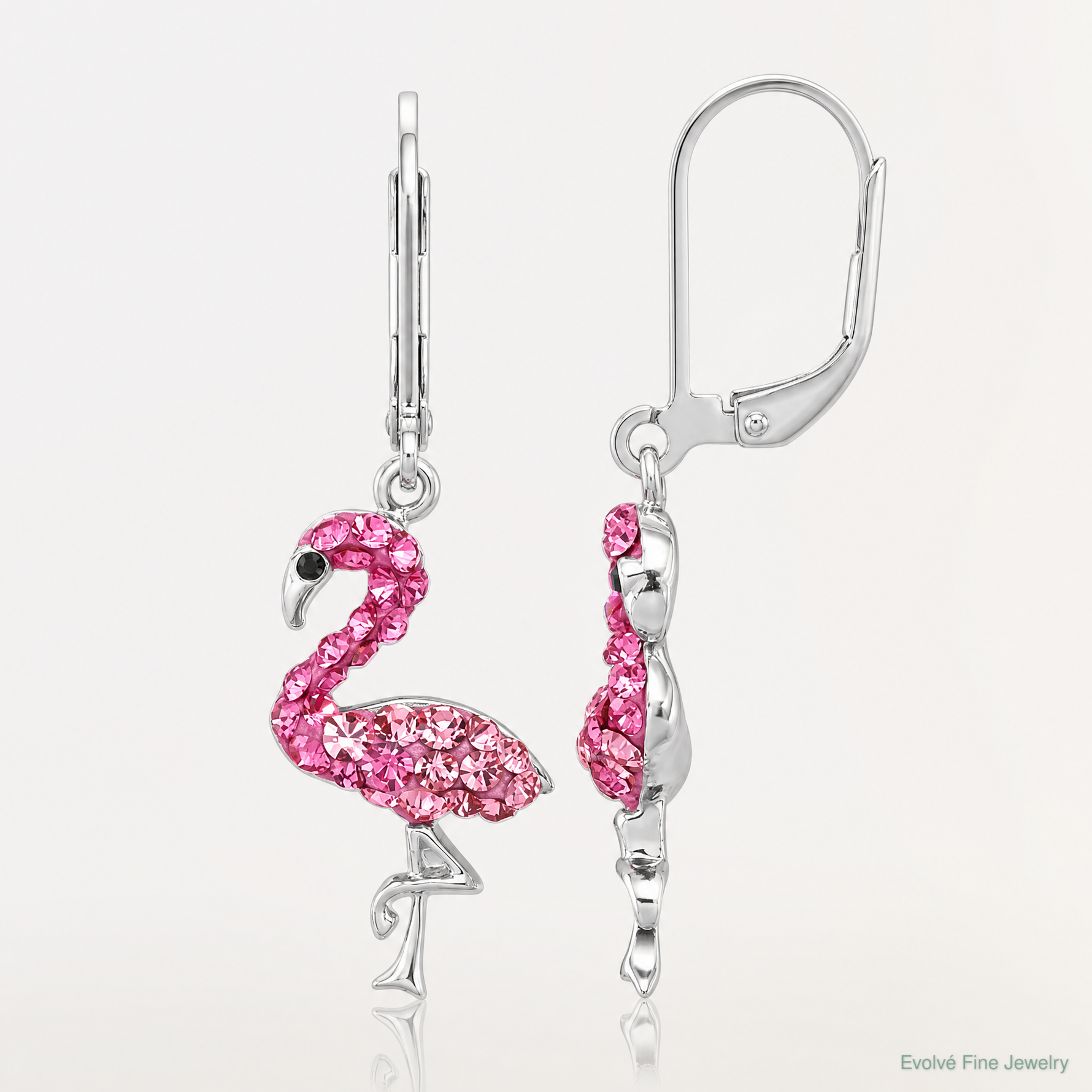 Sterling Silver Rhodium-plated Pink Crystal Flamingo Leverback Earrings - Lifestyle View