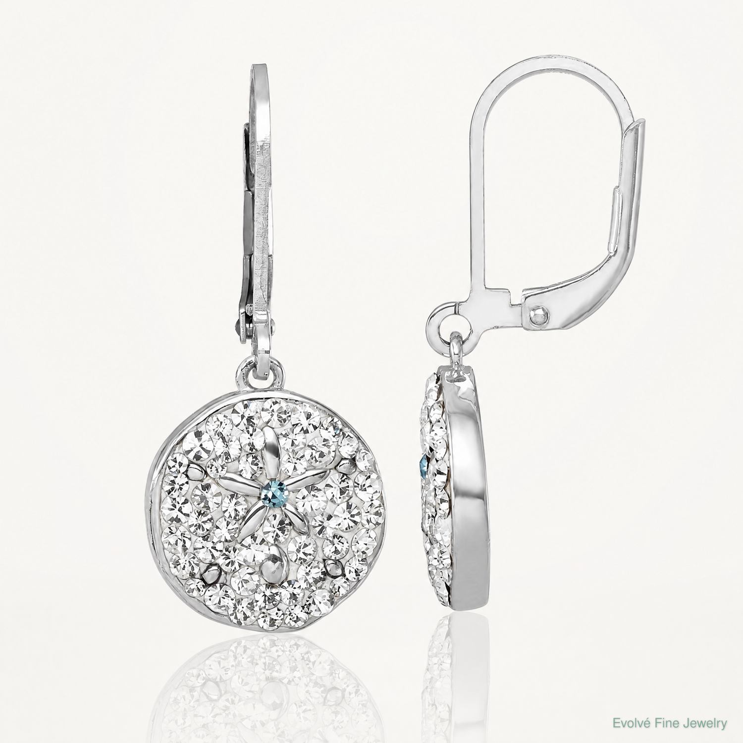 Sterling Silver Rhodium-Plated Polished Crystal Sand Dollar Dangle Earrings - Lifestyle View