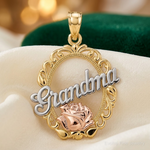 14k Two-tone & White Rhodium Polished Grandma Rose Oval Pendant - Lifestyle View