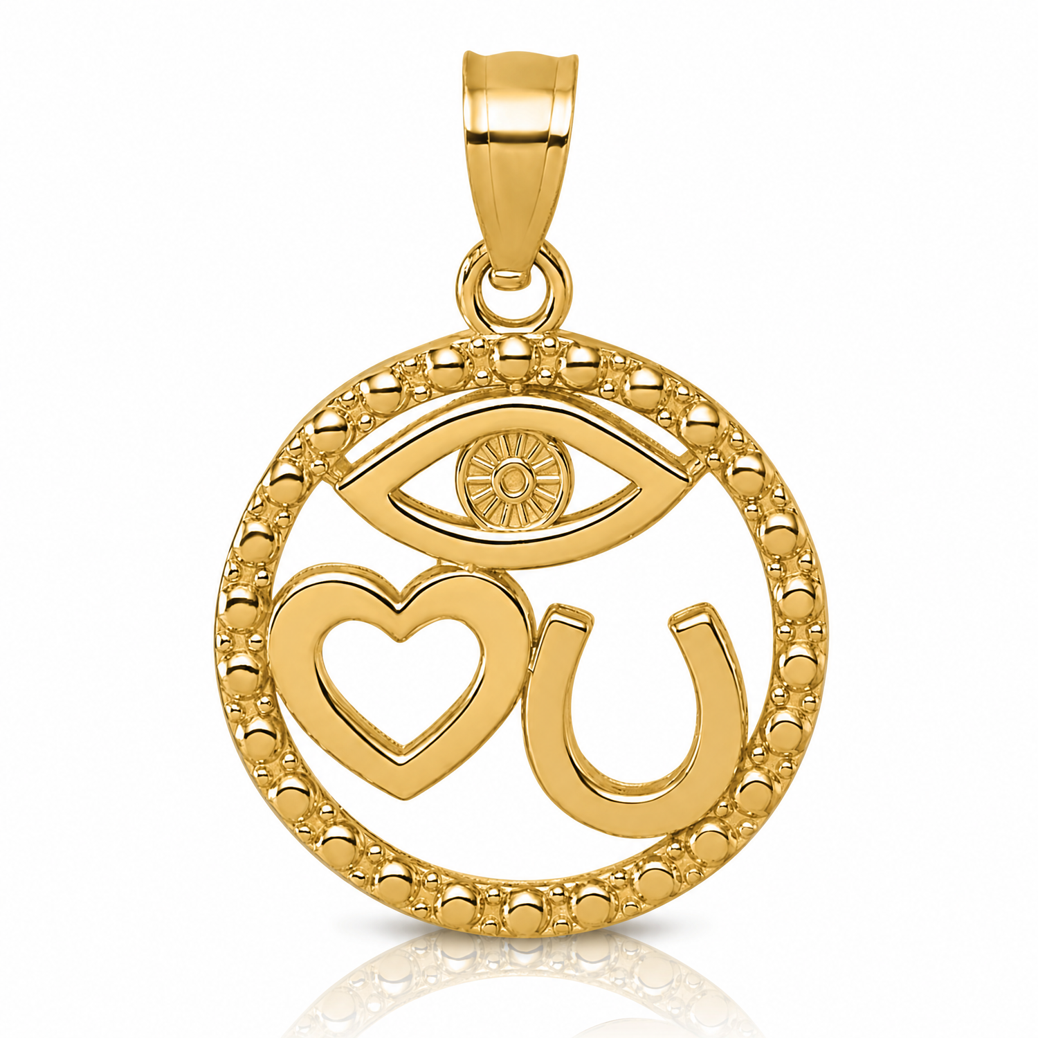 14k Polished Heart Evil Eye And Horse Shoe In Circle Pendant - Lifestyle View