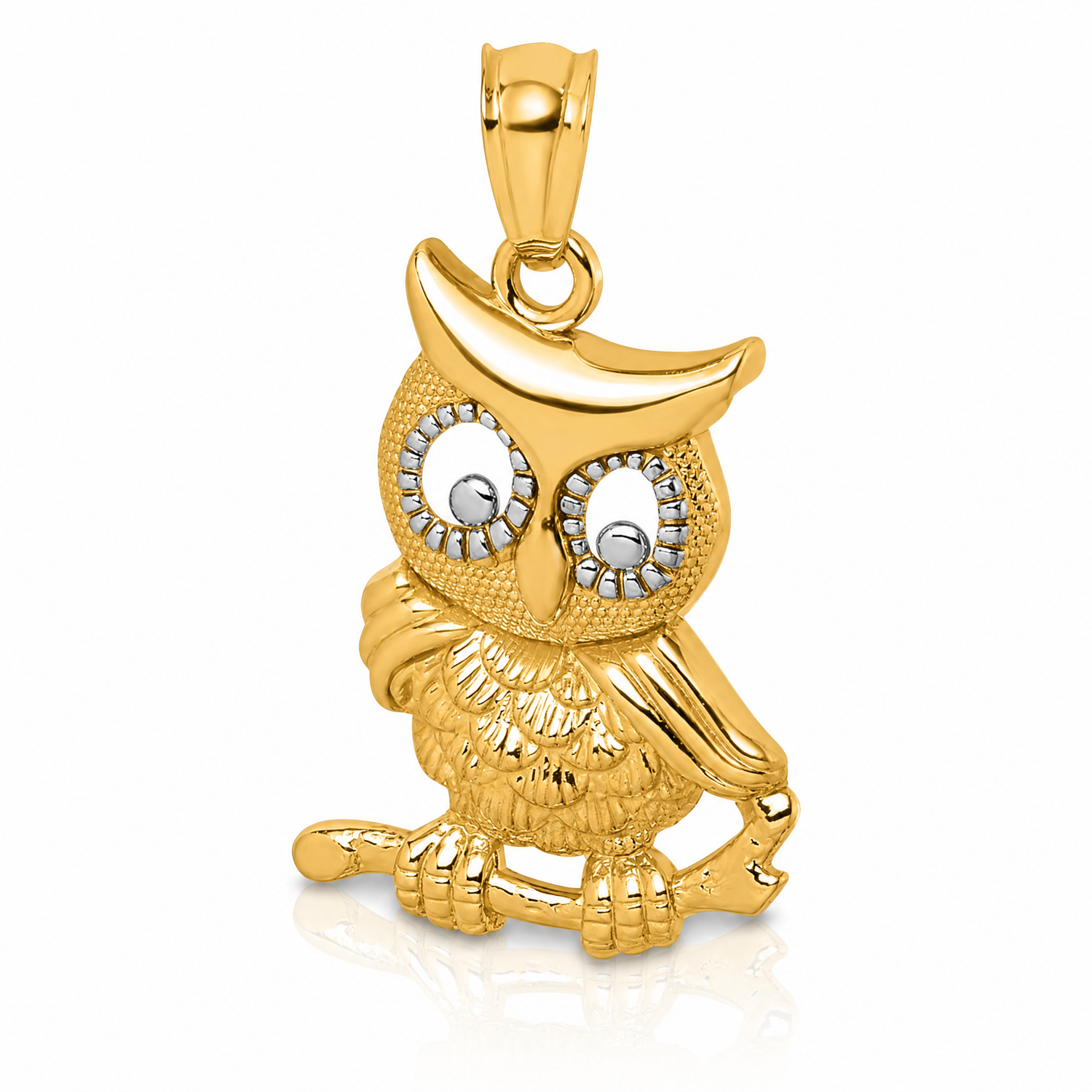 14k & Rhodium Polished & Textured Owl Pendant - Lifestyle View