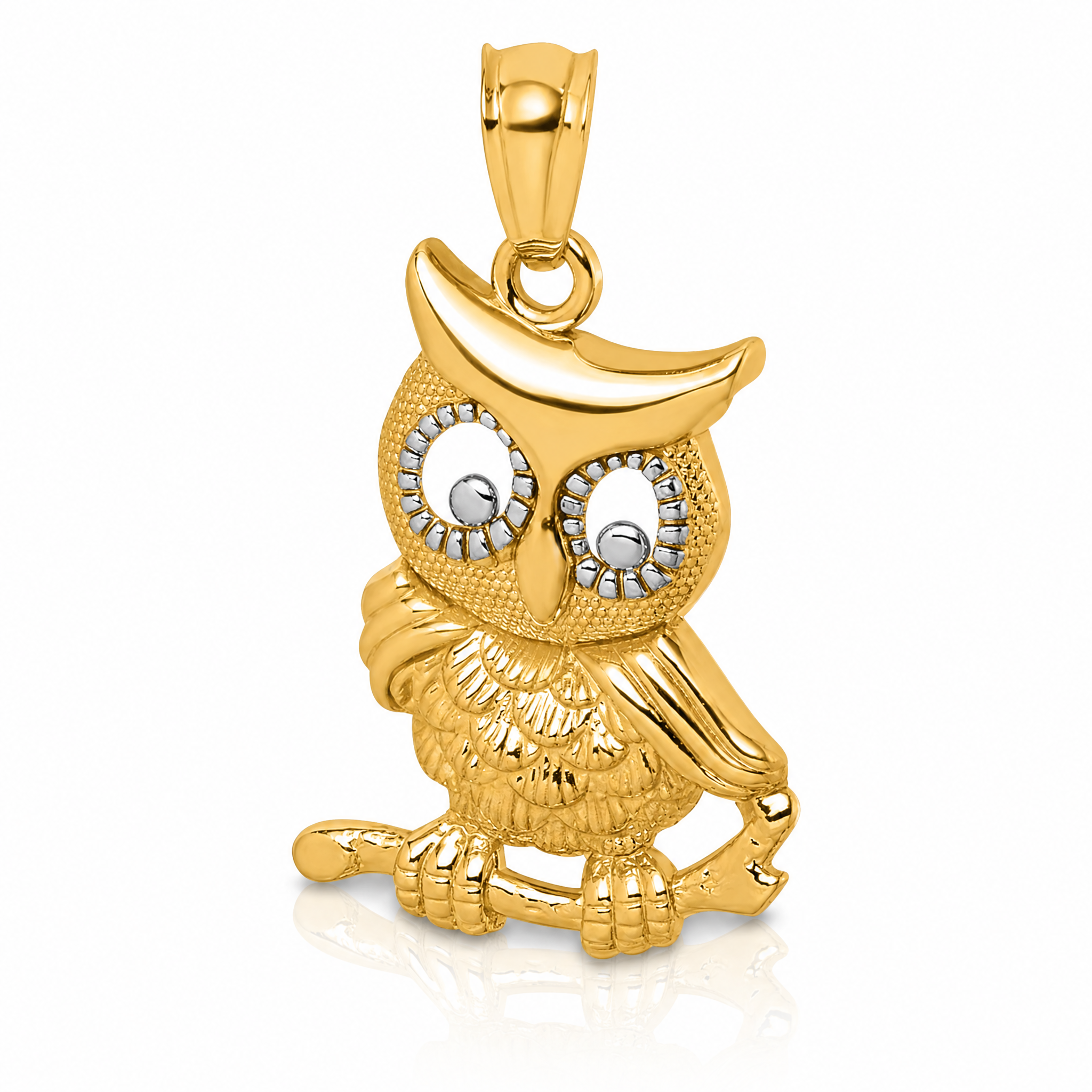 14k & Rhodium Polished & Textured Owl Pendant - Lifestyle View