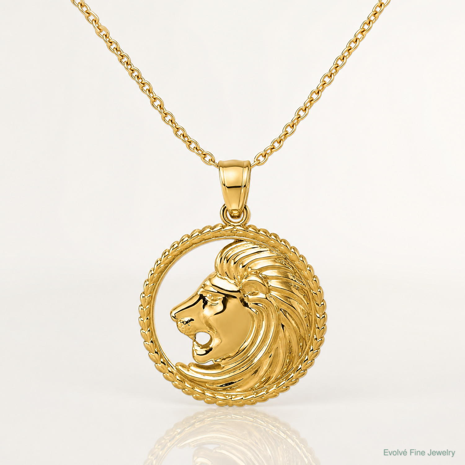 14k Polished Lion with Mane Circle Pendant - Lifestyle View