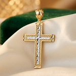 14k Polished w/Rhodium Diamond-cut Textured Fancy Cross Pendant - Lifestyle View