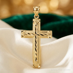 14K Polished Diamond-cut Textured Fancy Cross Pendant - Lifestyle View