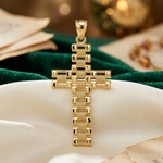 14k Polished Diamond-cut Textured Fancy Link Cross Pendant - Lifestyle View