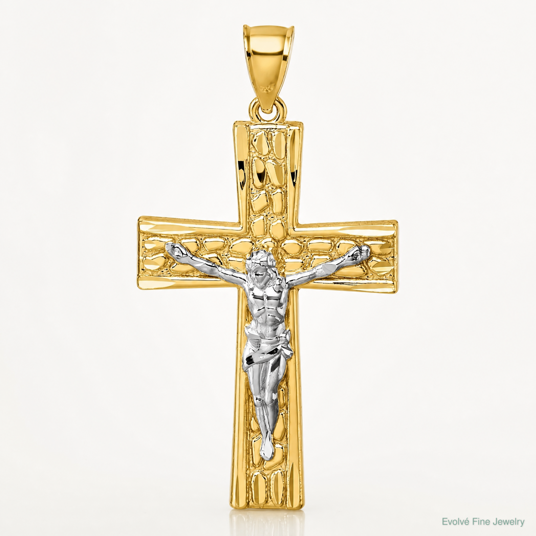 14k w/Rhodium  Polished and Diamond-cut Crucifix Pendant - Lifestyle View