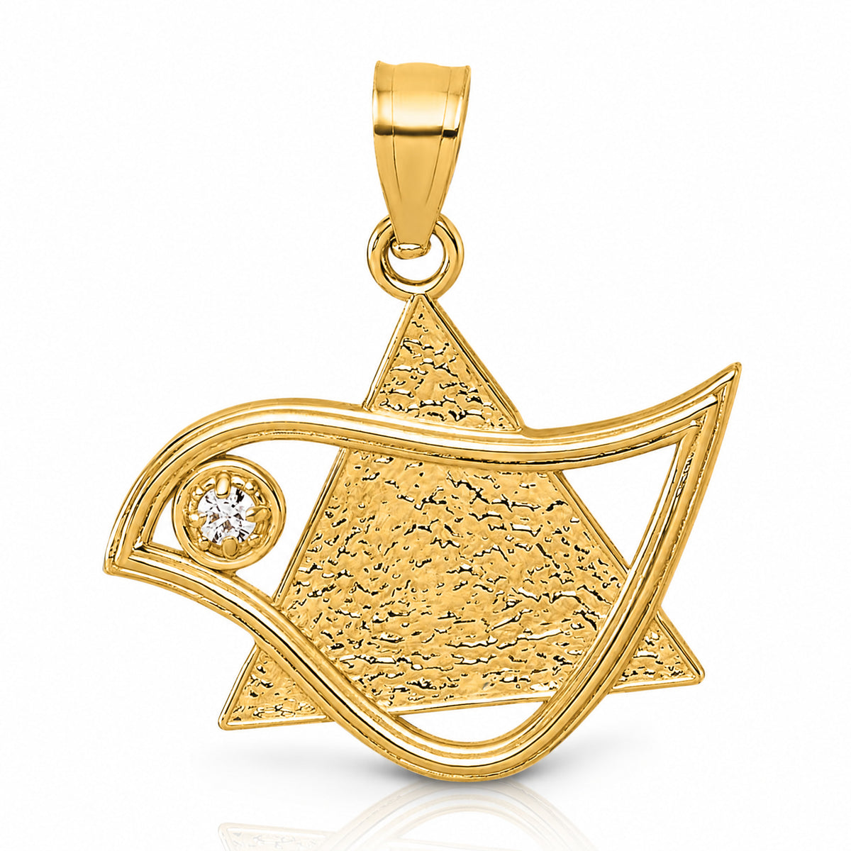 14k Polished & Textured CZ Bird & Triangle Star of David Pendant - Lifestyle View