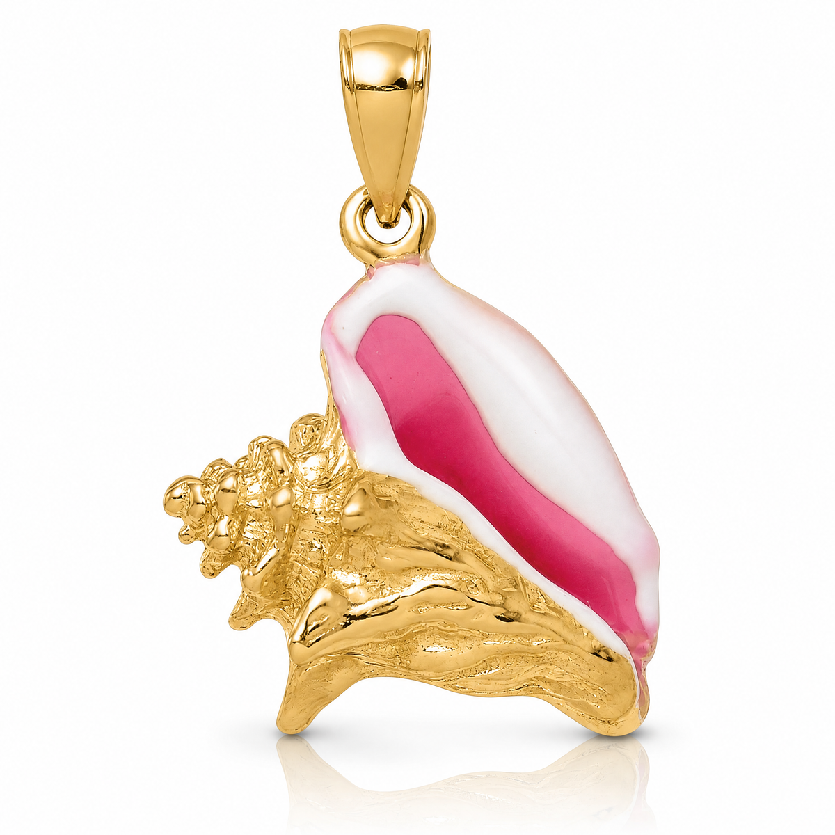 14K Polished 3-D Pink and White Enameled Conch Shell Pendant - Lifestyle View