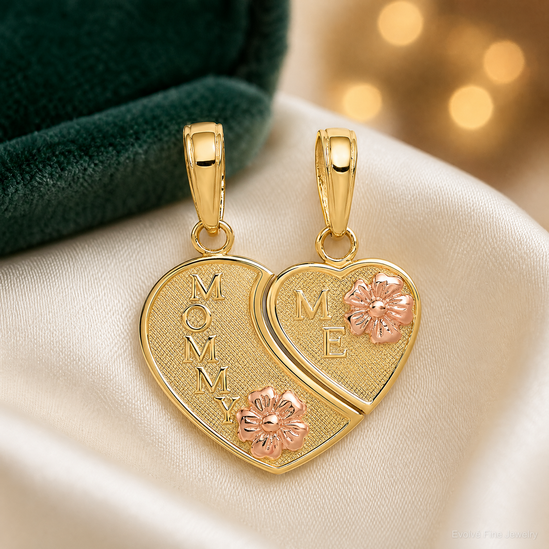 14k Two-tone MOMMY-ME Break-apart Heart Pendant - Lifestyle View