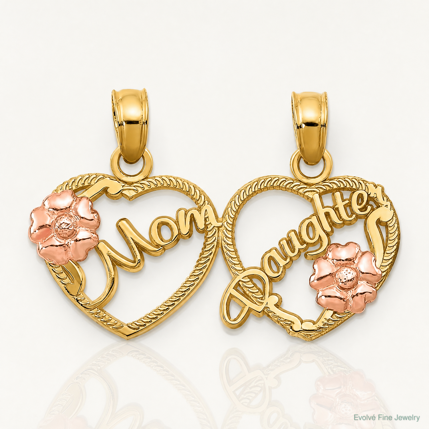 14k Two-tone MOM - DAUGHTER Break-apart Hearts Pendant - Lifestyle View